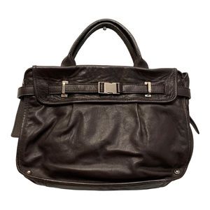 Kenneth Cole Double Top Handle Leather Tote Bag, Dark Brown Silver Tone Hardware